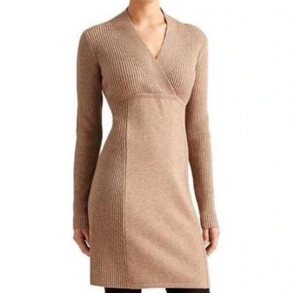 Athleta Chalet Tan Merino Wool Long Sleeve Ribbed V-Neck Stretchy Sweater Dress - Picture 1 of 10
